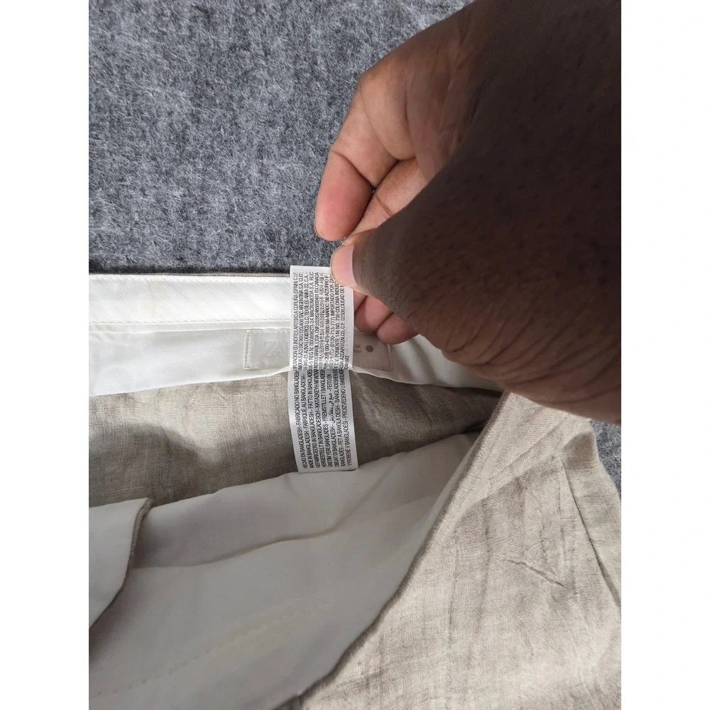 Zara Mens XL Wide Leg Linen Blend Tie Dye Trousers Taupe Grey Relaxed Pants